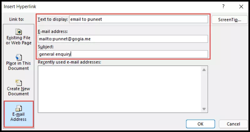Adăugarea unui hyperlink la o adresă de e-mail